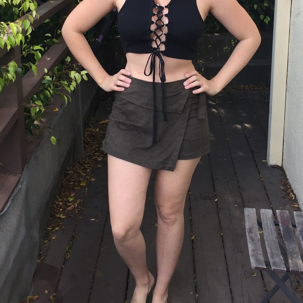 Faux suede fold over skort